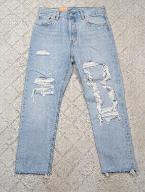 Levis Jeans Womens 28 Blue 501 Light Wash Distressed Straight Leg Cotton NEW